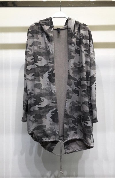 Camouflage Hooded Open Cardigan With Bottom- Women