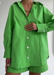 Casual Two Piece Women Outfits Oversized Long Shirt And High Waist Shorts Green