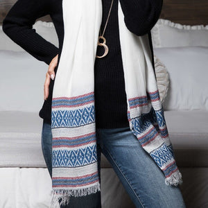 Cotton Beautiful jacquard ethnic pattern border with frayed fringe oversized scarf