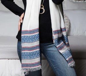 Cotton Beautiful jacquard ethnic pattern border with frayed fringe oversized scarf