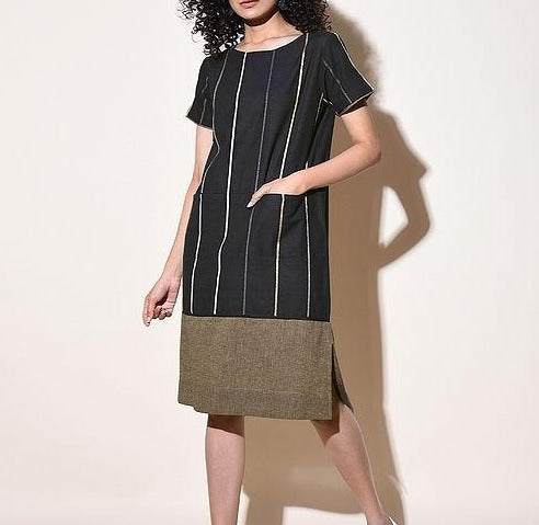 Women Black Cotton Dress with Top Stitch