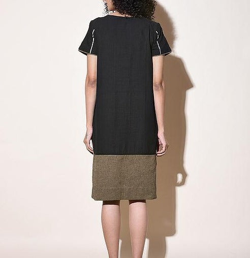 Women Black Cotton Dress with Top Stitch