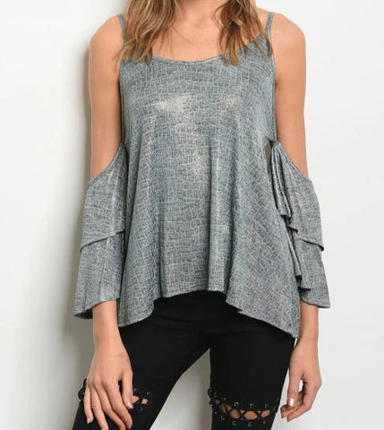 Long bell sleeve cold shoulder shimmer blouse