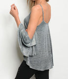 Long bell sleeve cold shoulder shimmer blouse