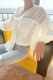 Puff sleeve bowknot front v neck blouse