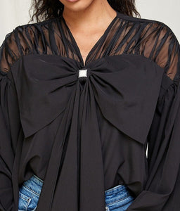 Puff sleeve bowknot front v neck blouse