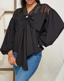 Puff sleeve bowknot front v neck blouse