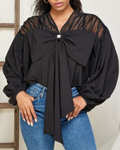 Load image into Gallery viewer, Puff sleeve bowknot front v neck blouse