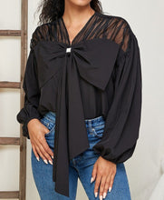 Load image into Gallery viewer, Puff sleeve bowknot front v neck blouse