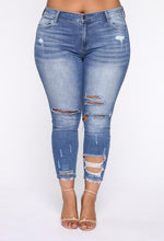 Load image into Gallery viewer, Distressed Mid Rise Skinny Jean - Medium Wash