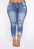 Distressed Mid Rise Skinny Jean - Medium Wash