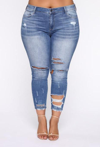 Distressed Mid Rise Skinny Jean - Medium Wash