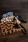 Leopard print faux fur with detachable wristlet pouch bag