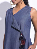 Blue Denim Hand Embroidered Wrap Dress Women