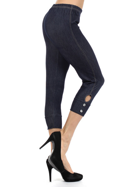 Pair of cropped denim print leggings with a banded waist & keyhole and button embellishment on leg openings