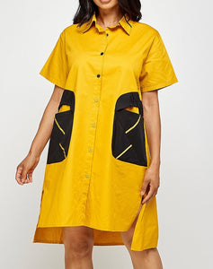 One Size Short sleeve shirt dress with unique contrast pockets. relaxed fit