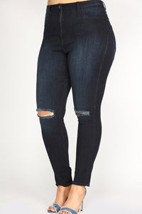 High Rise Super Soft Rayon Skinny Jeans w/ Knee Cut