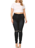 High Rise Super Soft Rayon Skinny Jeans w/ Knee Cut