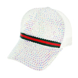 Rhinestone Front & Brim W/ Green Red Stripe Baseball Cap
