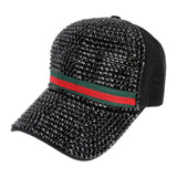 Rhinestone Front & Brim W/ Green Red Stripe Baseball Cap