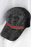 Rhinestone Front & Brim W/ Green Red Stripe Baseball Cap
