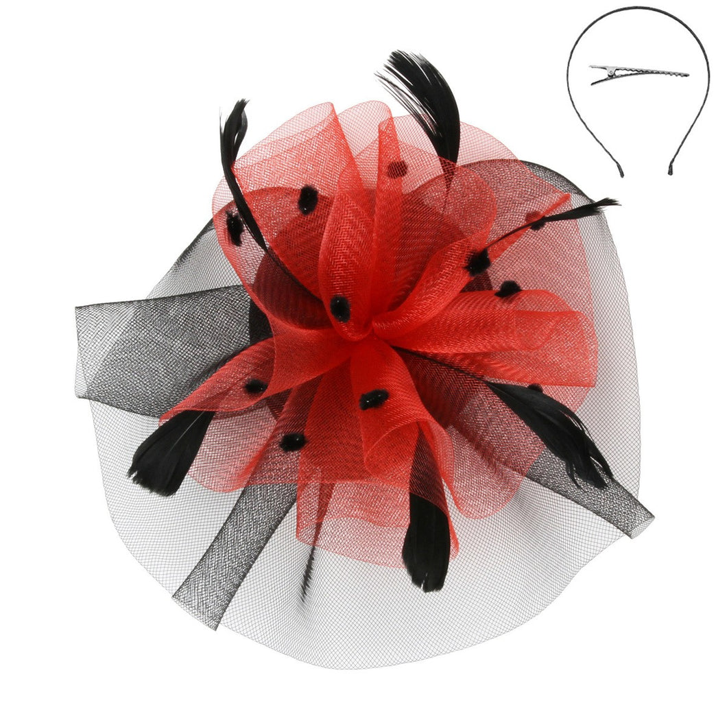 Two Tone Ruffle Mesh With Dots and Feathers Hair Fascinator With Dual Function
