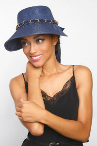 Paper Braid Sun Hat with Sheer Bow Chain Link Details