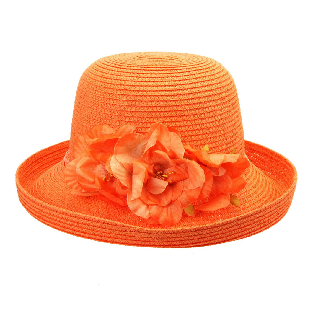 Curved Brim Paper Braid Sun Hat with Flower and Sequin Details