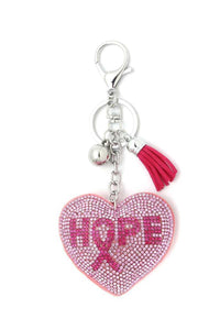 Hope Ribbon Heart Puffy Bling Keychain Pink