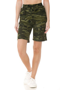 Camo print jogger shorts with functional drawstring waistband