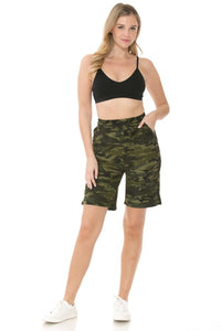 Camo print jogger shorts with functional drawstring waistband