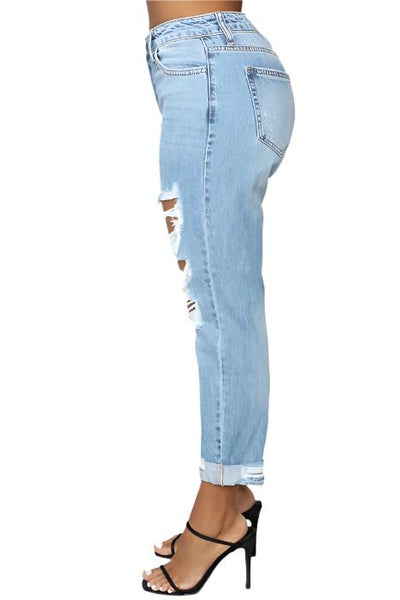 Distressed High Rise Boyfriend Jeans - Light Wash