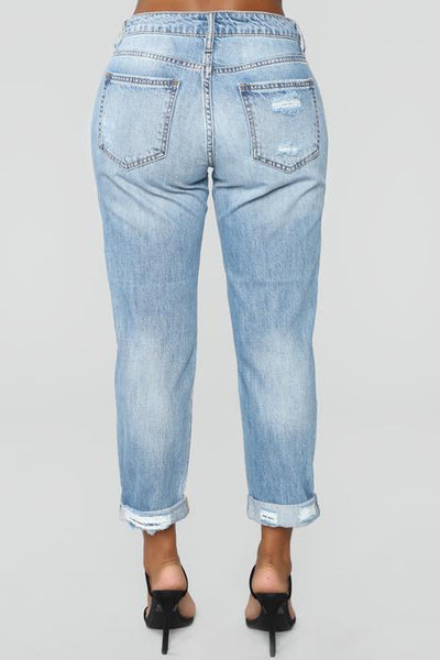 Distressed High Rise Boyfriend Jeans - Light Wash