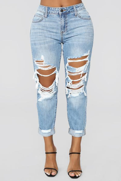 Distressed High Rise Boyfriend Jeans - Light Wash