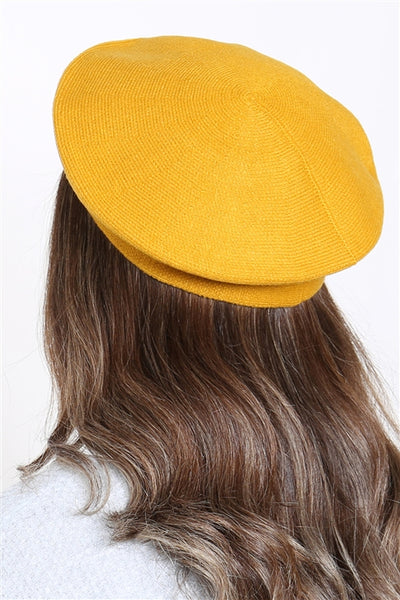 Stretchy Solid Color Beret - Mustard