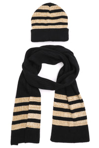 Gold Striped Knitted Beanie Scarf Set