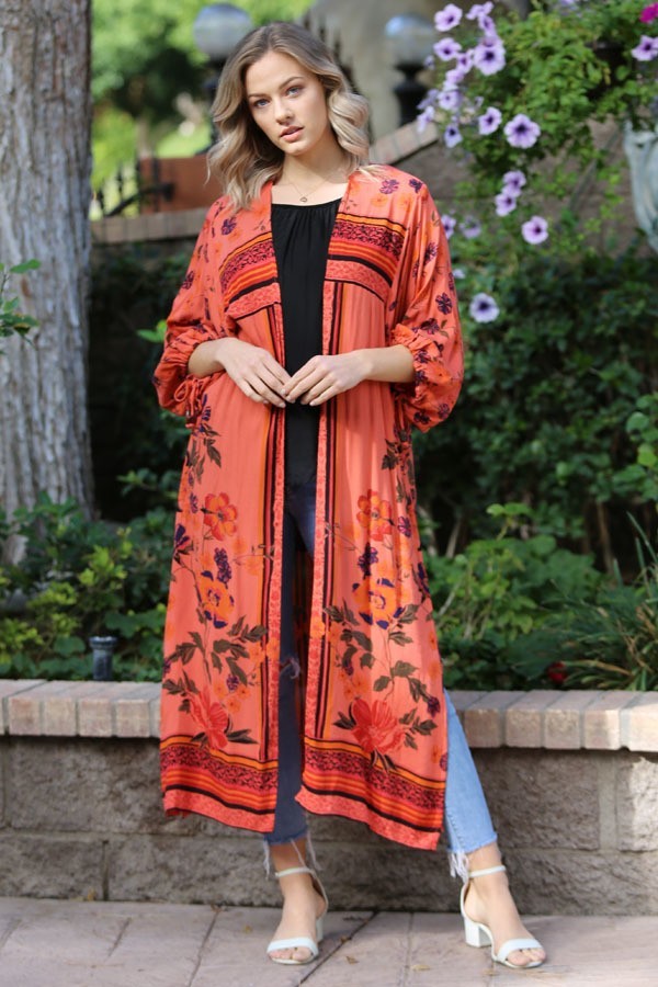 Women Printed Duster Kimono With Side slits