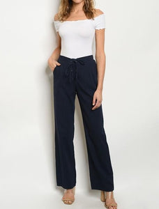Navy Cotton Pants High fitted waist wide leg pants