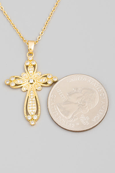 14K gold plated Pave Floral Cross Pendant Necklace Women