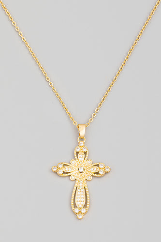 14K gold plated Pave Floral Cross Pendant Necklace Women