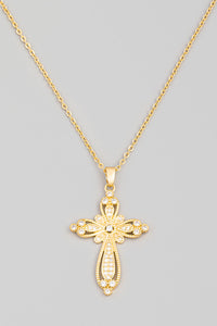 14K gold plated Pave Floral Cross Pendant Necklace Women