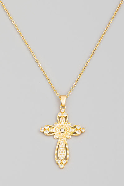 14K gold plated Pave Floral Cross Pendant Necklace Women