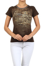 Load image into Gallery viewer, Solid knit tee with a rhinestone embellished, screen printed graphic on front bodice