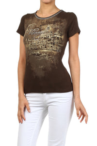 Solid knit tee with a rhinestone embellished, screen printed graphic on front bodice