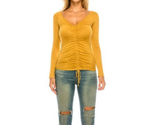 Load image into Gallery viewer, Women V Neck Long Sleeve Ruched Rayon Top With Tie
