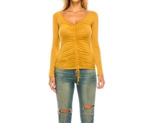 Women V Neck Long Sleeve Ruched Rayon Top With Tie