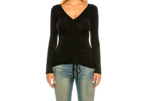 Women V Neck Long Sleeve Ruched Rayon Top With Tie