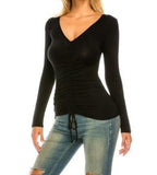 Women V Neck Long Sleeve Ruched Rayon Top With Tie