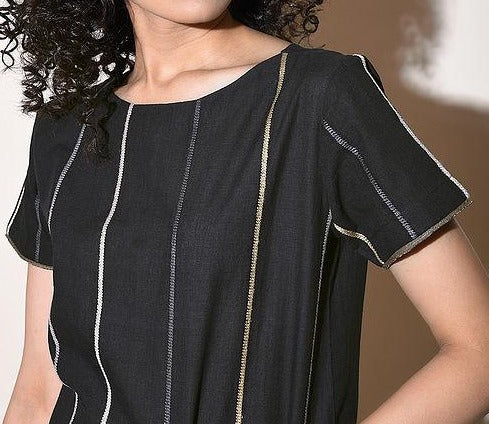 Women Black Cotton Dress with Top Stitch