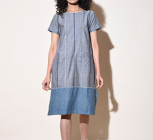 Women Blue Cotton Dress with Top Stitch